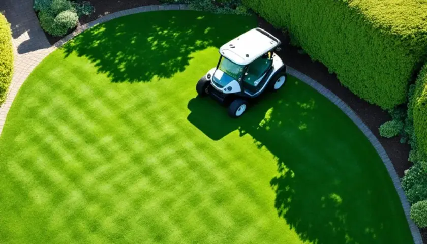 Piękny, zielony trawnik po wertykulacji, z widocznymi pasami i małym pojazdem golfowym.
