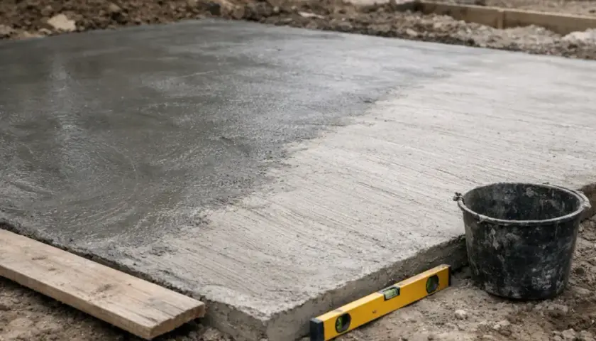 Świeżo wylany beton B25 na placu budowy. Poziomica i wiadro obok sugerują, że trwa praca nad fundamentami. Czas schnięcia betonu B25 zależy od warunków.