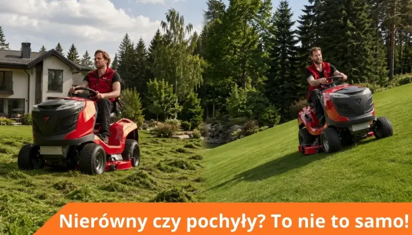 Dwóch mężczyzn na czerwonych traktorkach kosiarkach radzi sobie z nierównym terenem. Jeden kosi na płaskim, drugi na pochyłości.