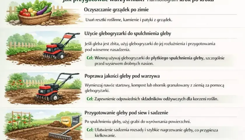 Glebogryzarka spulchnia i przygotowuje glebę pod uprawę warzyw, mieszając nawóz i ułatwiając siew.