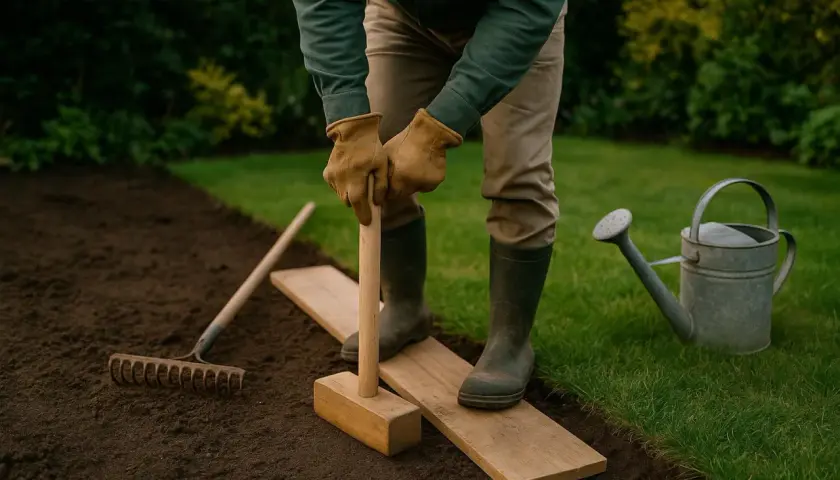 Osoba ubija ziemię pod trawnik, używając drewnianego ubijaka i desek, co jest świetnym sposobem, jak ubić ziemię pod trawnik bez walca.