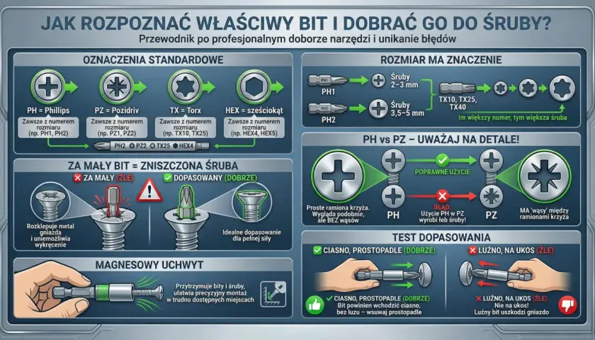 Przewodnik po rodzajach śrubokrętów: Phillips, Pozidriv, Torx, sześciokąt. Jak dobrać bit do śruby, by uniknąć błędów i uszkodzeń.