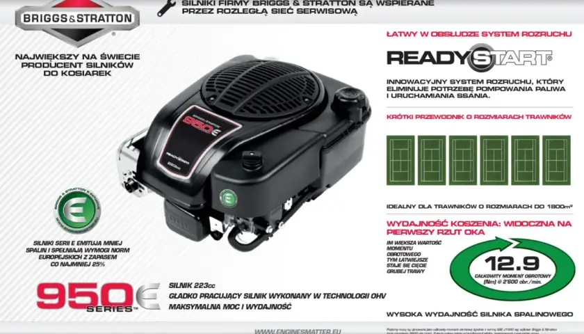 Silnik Briggs & Stratton 950E Series, 223cc, z technologią OHV i systemem ReadyStart. Idealny do kosiarek, zapewnia moc i wydajność.