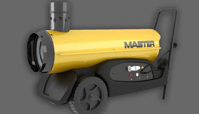 Żółty nagrzewnica Master BV 77 na kółkach, z uchwytem i wylotem spalin.