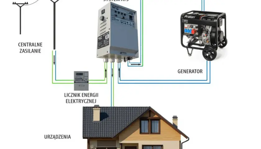 Schemat instalacji z agregatem prądotwórczym, systemem ATS i licznikiem energii. Przepisy PPOŻ. zapewniają bezpieczeństwo.