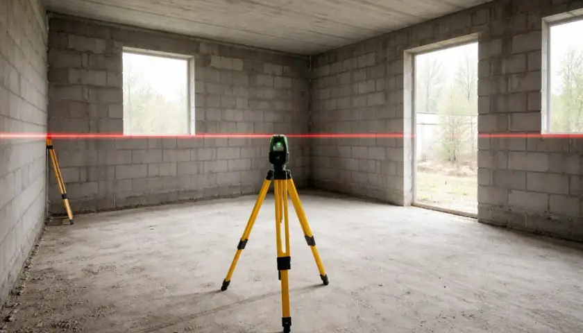 Laser krzyżowy na statywie wyznacza linię poziomu. To precyzyjne narzędzie, które ułatwia prace budowlane, jak układanie płytek czy montaż ścian. Łata geodezyjna jest kluczowa dla dokładności.