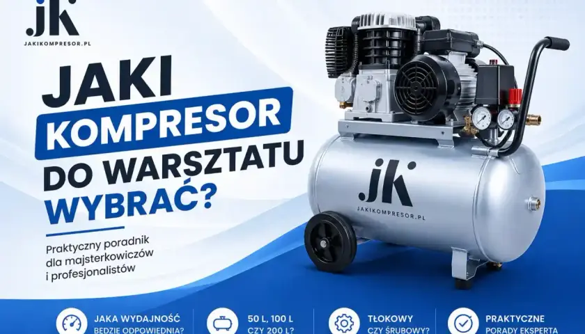 Poradnik "Jaki kompresor do warsztatu wybrać?" omawia rodzaje kompresorów: tłokowe i śrubowe, ich wydajność (50, 100, 200 L) i praktyczne porady.