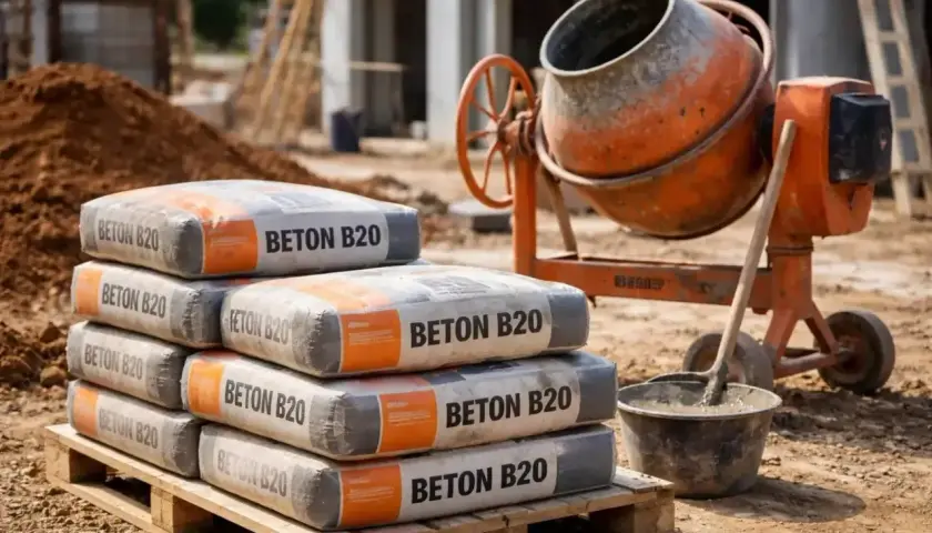 Stos worków z betonem B20 na budowie, obok betoniarki. Sprawdź aktualne ceny betonu z gruszki!