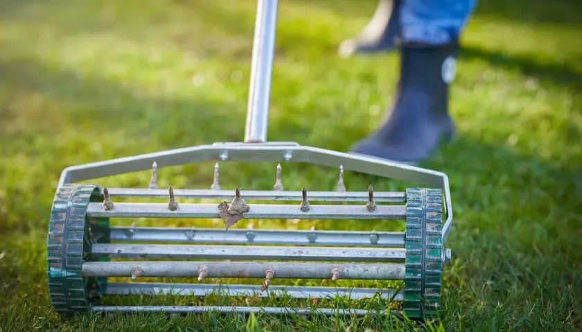 Aerator do trawy z kolcami na zielonej trawie. W tle widać nogi w gumowcach.