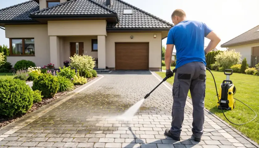 Mężczyzna z myjką ciśnieniową wykonuje czyszczenie kostki brukowej przed domem.