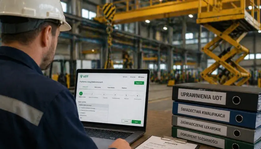 Pracownik w hali przemysłowej wypełnia wniosek online o przedłużenie uprawnień UDT. Obok stos dokumentów: "Uprawnienia UDT", "Świadectwa kwalifikacji".