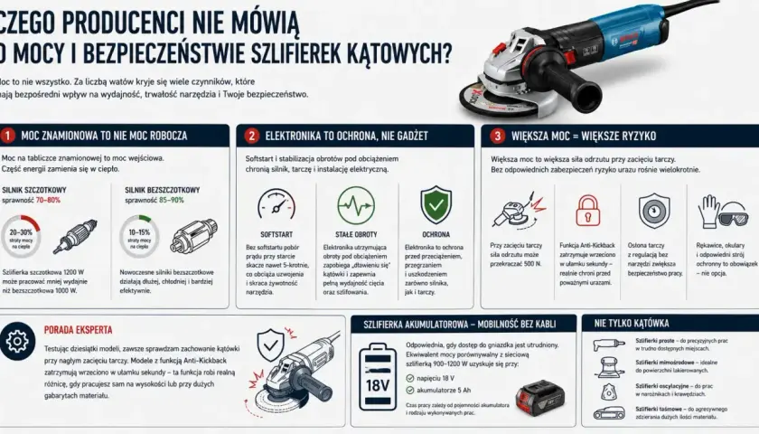 Budowa szlifierki kątowej: silniki, elektronika (softstart, stałe obroty, ochrona) i bezpieczeństwo (Anti-Kickback, osłona tarczy).