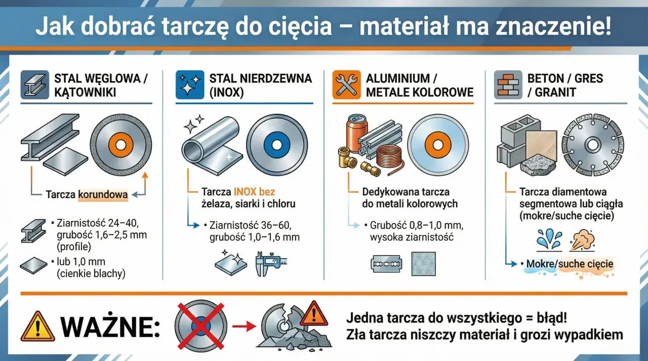 Rodzaje tarcz do cięcia: korundowe do stali, INOX do nierdzewki, do metali kolorowych, diamentowe do betonu. Dobierz właściwą!