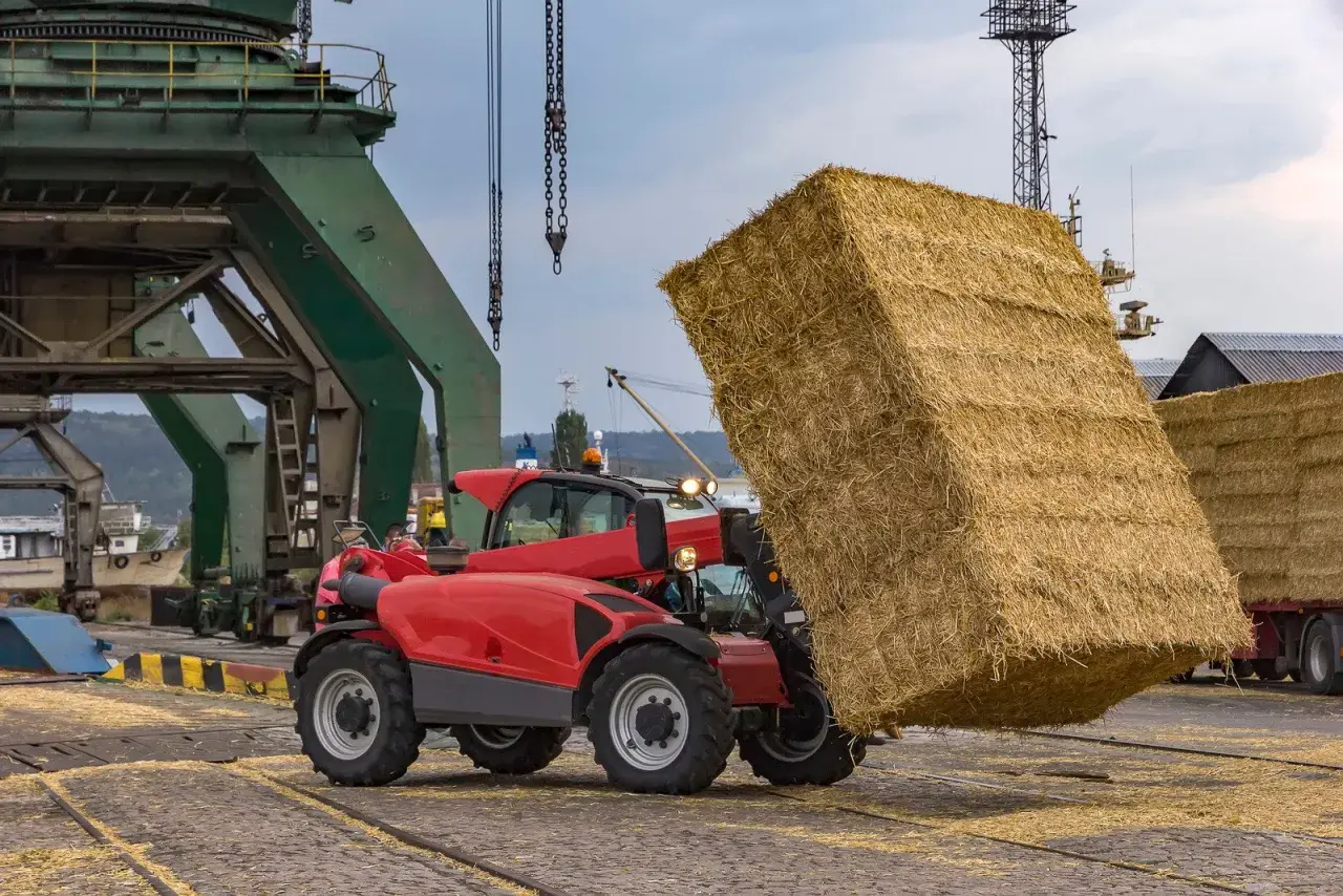Operator ładowarki teleskopowej zręcznie manewruje, podnosząc ogromną kostkę słomy.