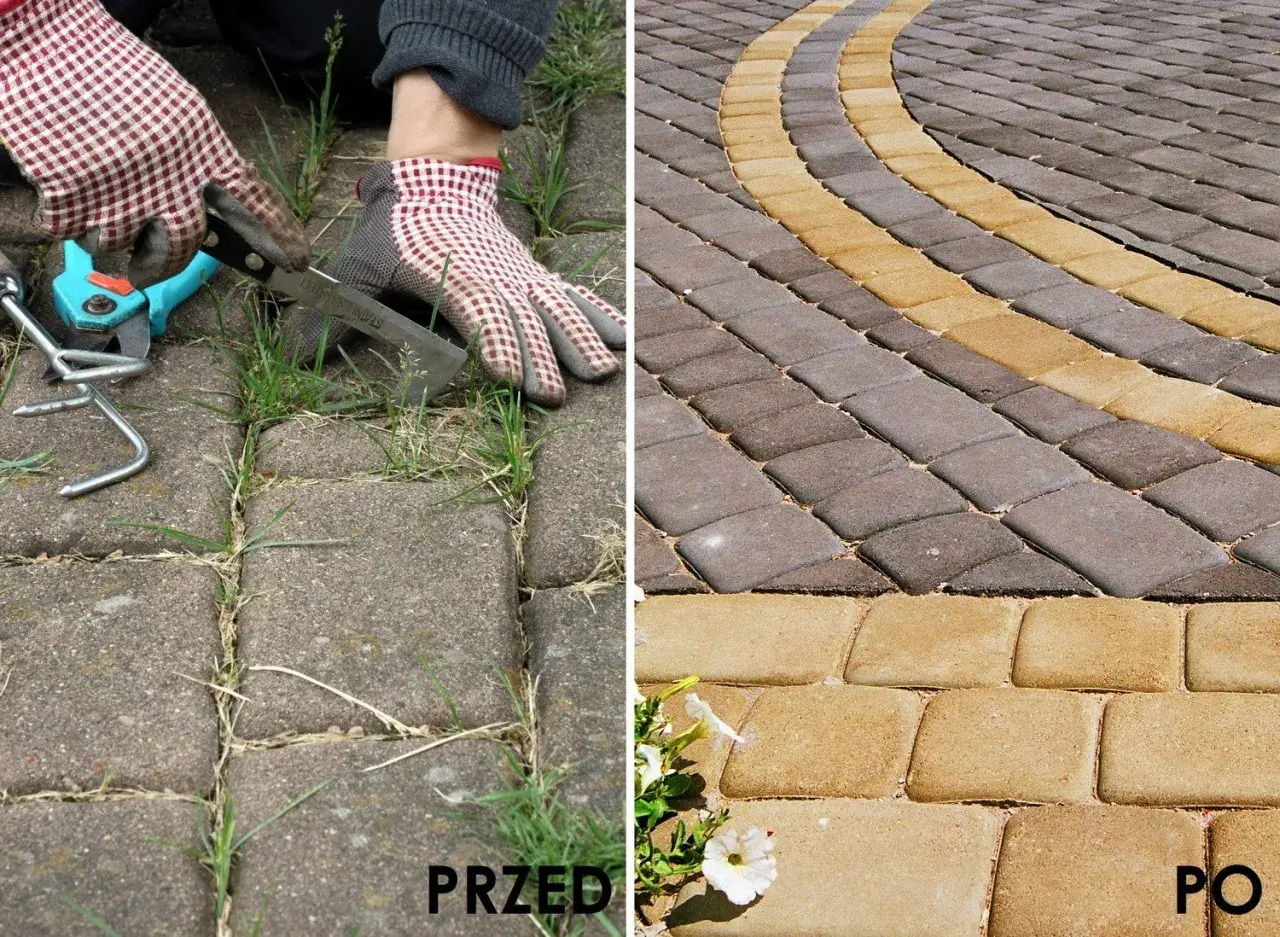 Przed: chwasty rosnące między kostkami brukowymi. Po: czysta, zadbana kostka brukowa.