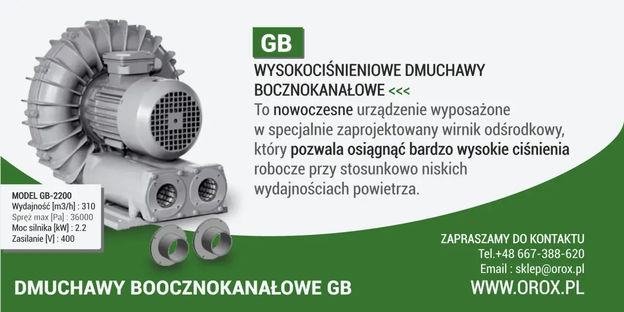 Nowoczesne dmuchawy przemysłowe GB-2200 zapewniają wysokie ciśnienie robocze.