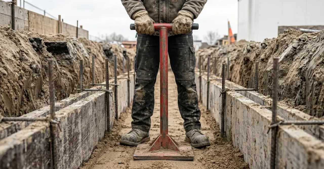 Robotnik w roboczych spodniach i rękawicach trzyma czerwony ubijak do ziemi, przygotowując fundamenty.