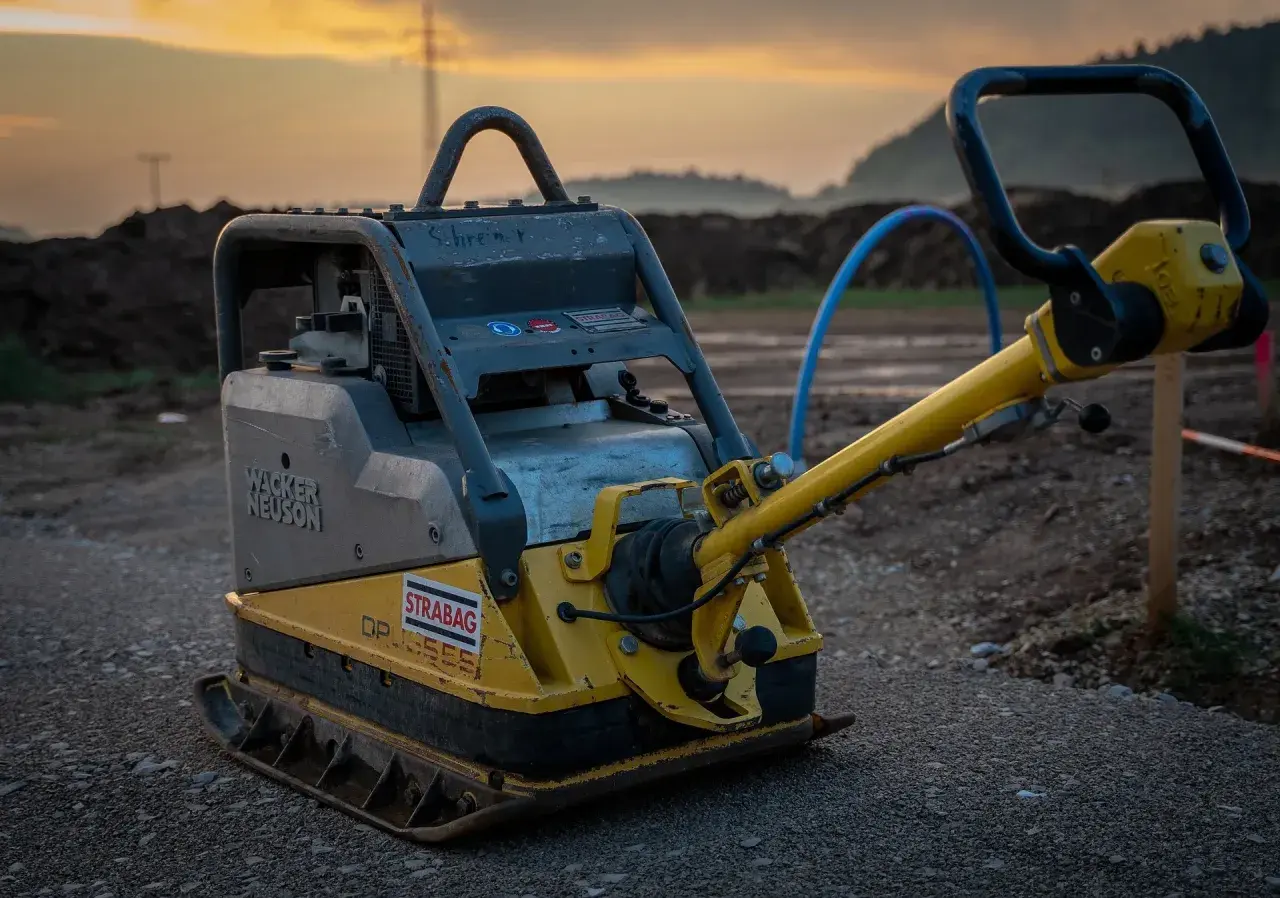 Żółta zagęszczarka Wacker Neuson na budowie. Zastanawiasz się, jakie paliwo do zagęszczarki? Ten model pracuje na benzynę.
