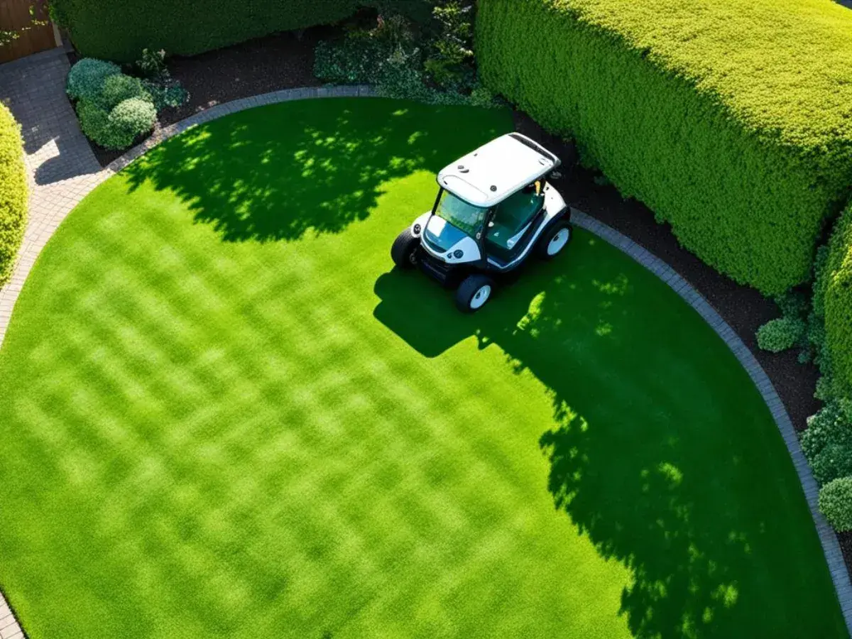 Piękny, zielony trawnik po wertykulacji, z widocznymi pasami i małym pojazdem golfowym.