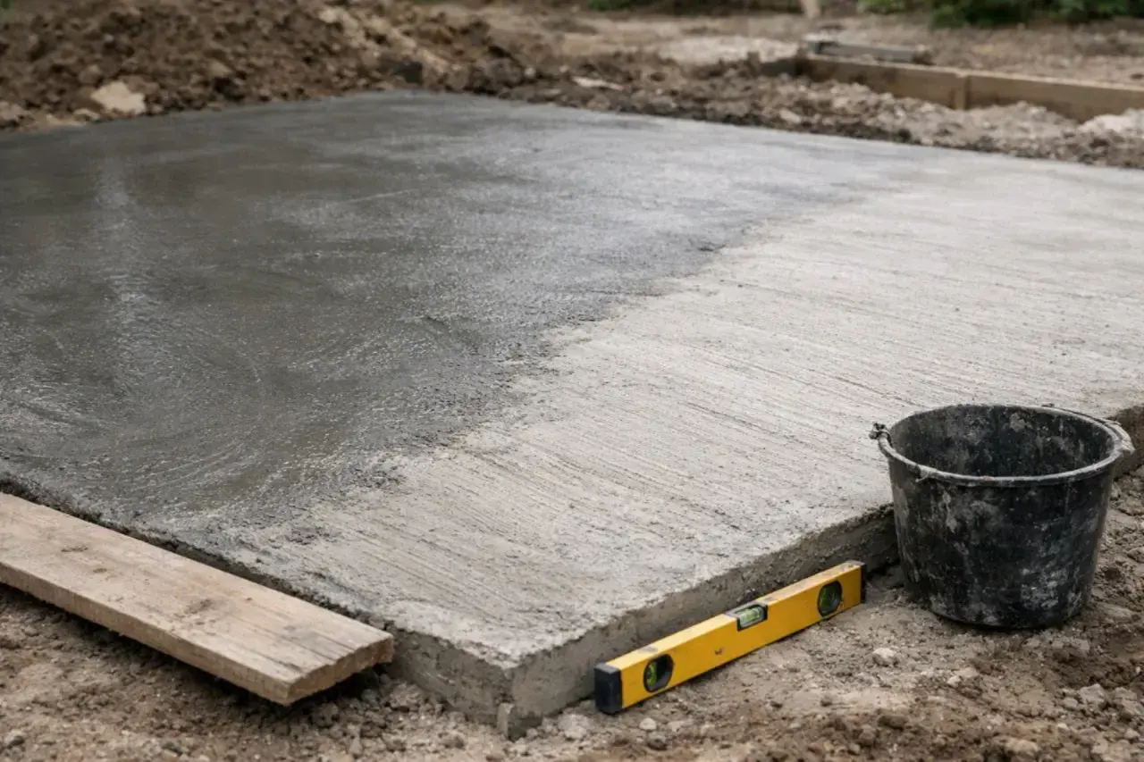 Świeżo wylany beton B25 na placu budowy. Poziomica i wiadro obok sugerują, że trwa praca nad fundamentami. Czas schnięcia betonu B25 zależy od warunków.