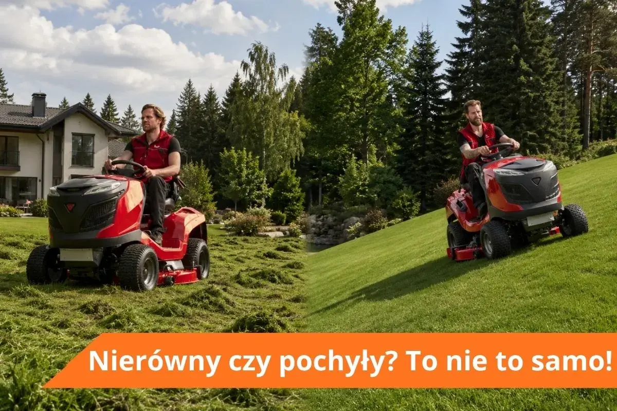 Dwóch mężczyzn na czerwonych traktorkach kosiarkach radzi sobie z nierównym terenem. Jeden kosi na płaskim, drugi na pochyłości.