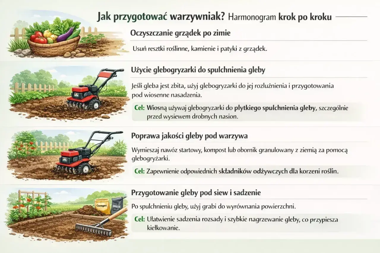 Glebogryzarka spulchnia i przygotowuje glebę pod uprawę warzyw, mieszając nawóz i ułatwiając siew.