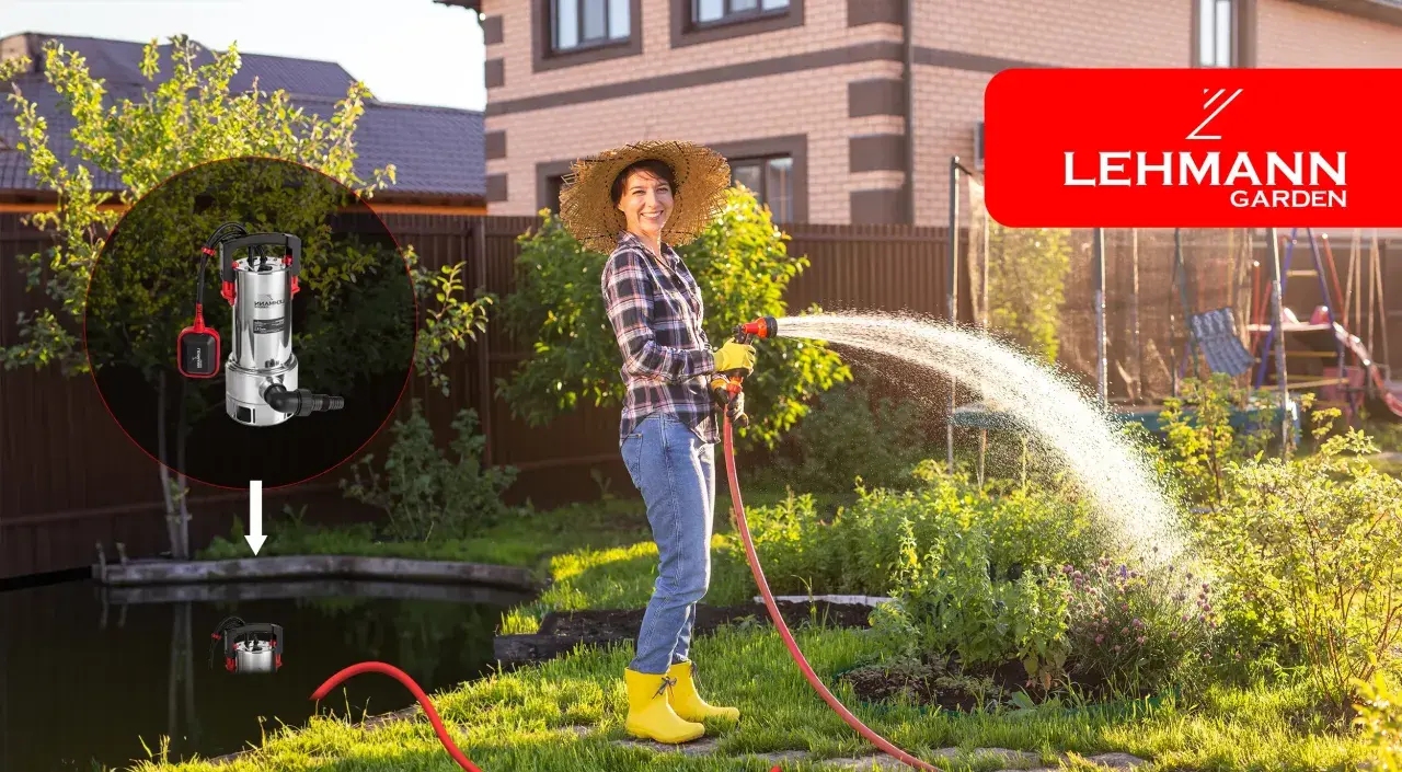 Kobieta w słomkowym kapeluszu podlewa ogród. Widać też, jaka pompa do podlewania ogrodu jest idealna do tego zadania.