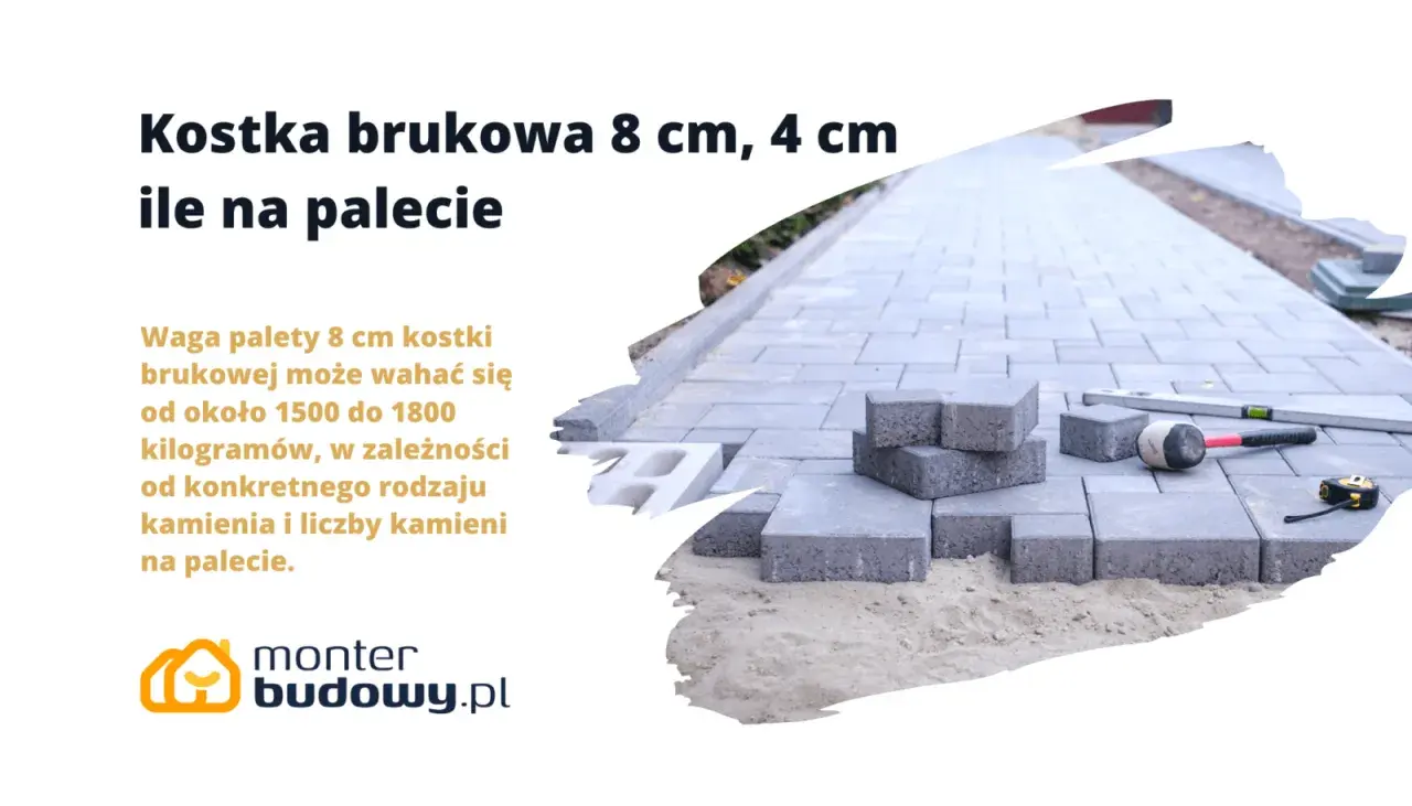Waga palety kostki brukowej 8 cm to ok. 1500-1800 kg. Na zdjęciu kostka brukowa w trakcie układania, narzędzia budowlane.