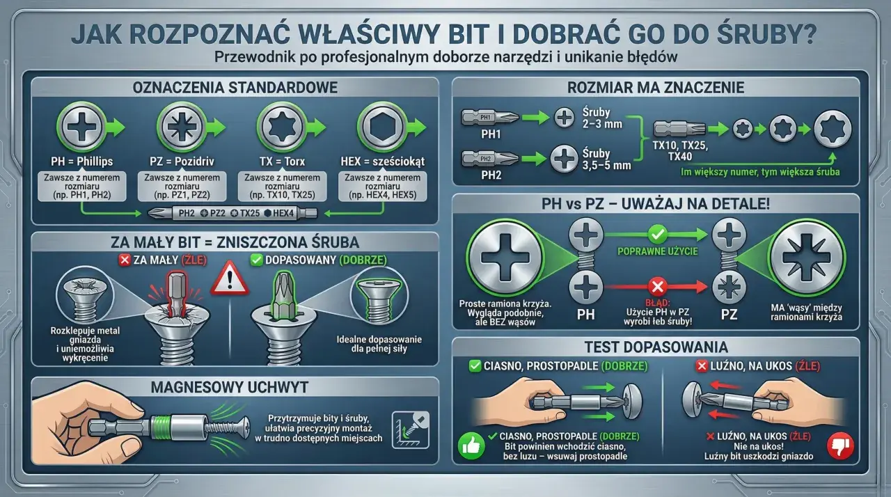 Przewodnik po rodzajach śrubokrętów: Phillips, Pozidriv, Torx, sześciokąt. Jak dobrać bit do śruby, by uniknąć błędów i uszkodzeń.
