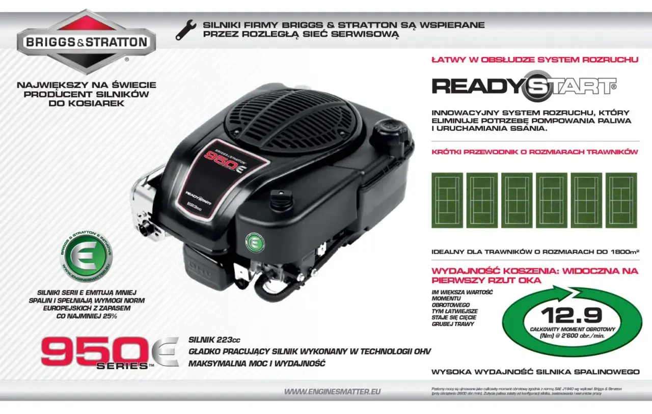 Silnik Briggs & Stratton 950E Series, 223cc, z technologią OHV i systemem ReadyStart. Idealny do kosiarek, zapewnia moc i wydajność.