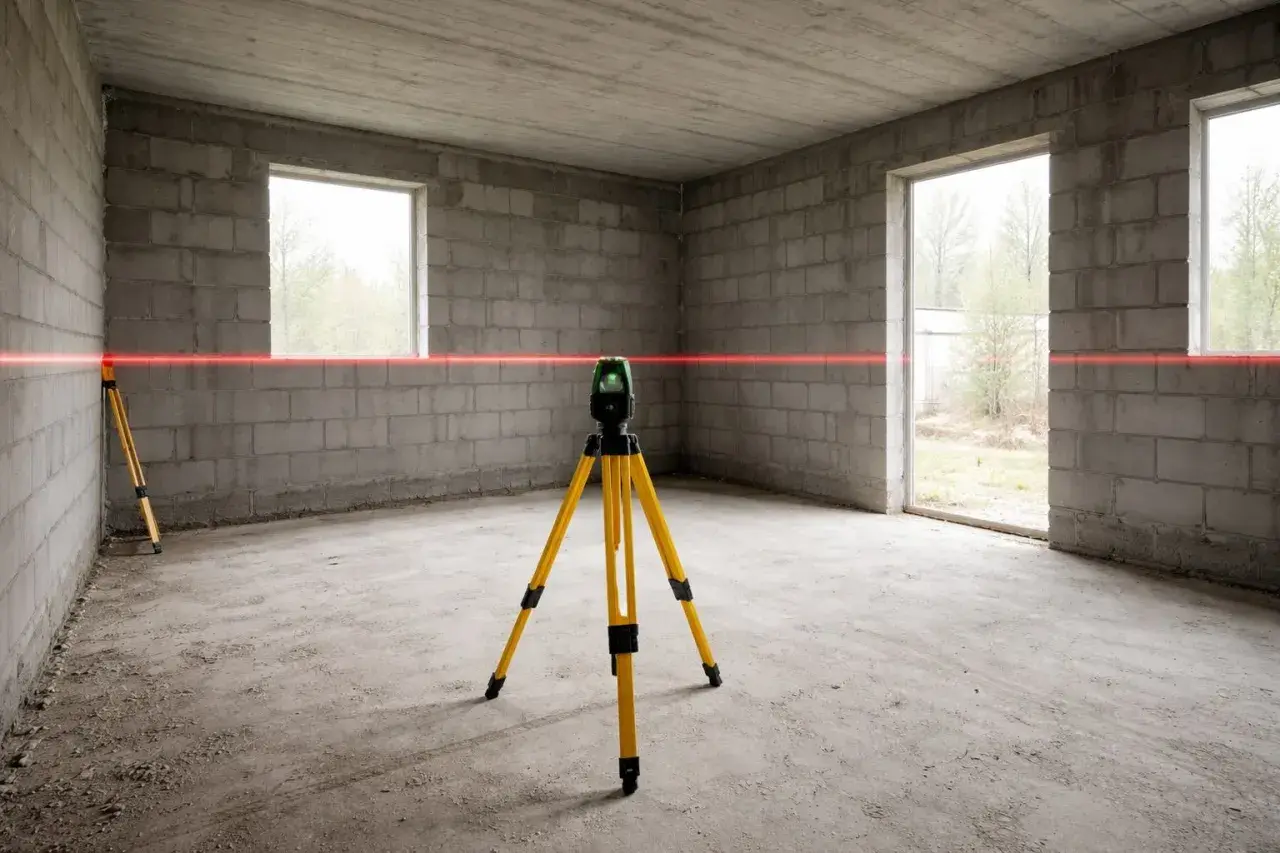 Laser krzyżowy na statywie wyznacza linię poziomu. To precyzyjne narzędzie, które ułatwia prace budowlane, jak układanie płytek czy montaż ścian. Łata geodezyjna jest kluczowa dla dokładności.
