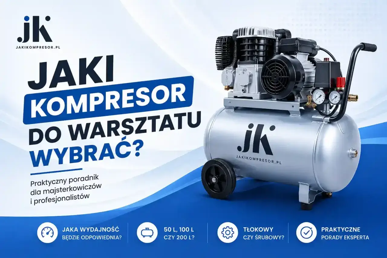 Poradnik "Jaki kompresor do warsztatu wybrać?" omawia rodzaje kompresorów: tłokowe i śrubowe, ich wydajność (50, 100, 200 L) i praktyczne porady.