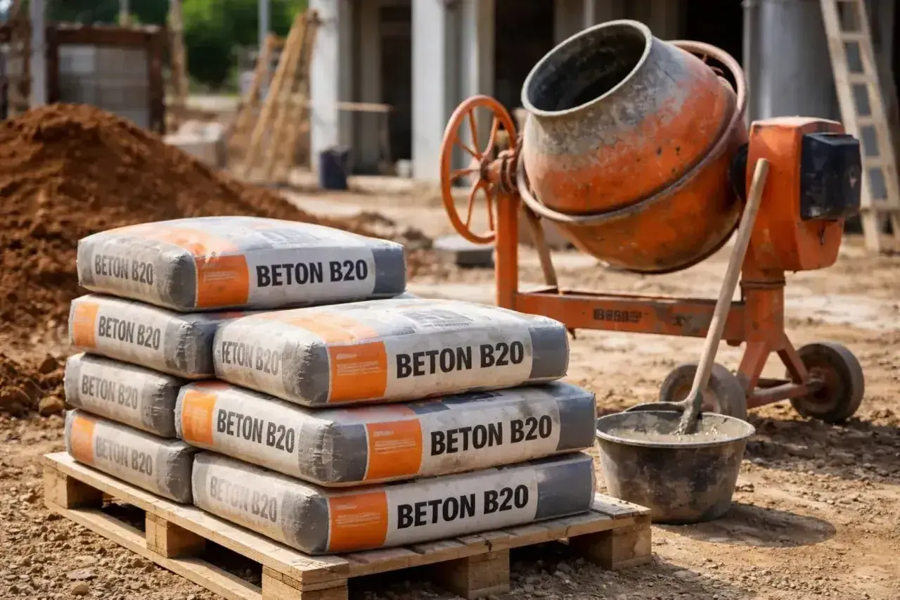 Stos worków z betonem B20 na budowie, obok betoniarki. Sprawdź aktualne ceny betonu z gruszki!