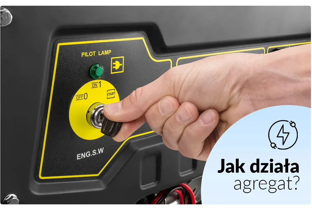 Dłoń przekręca kluczyk w agregacie prądotwórczym, pokazując, jak działa. Zielona lampka "Pilot Lamp" świeci.