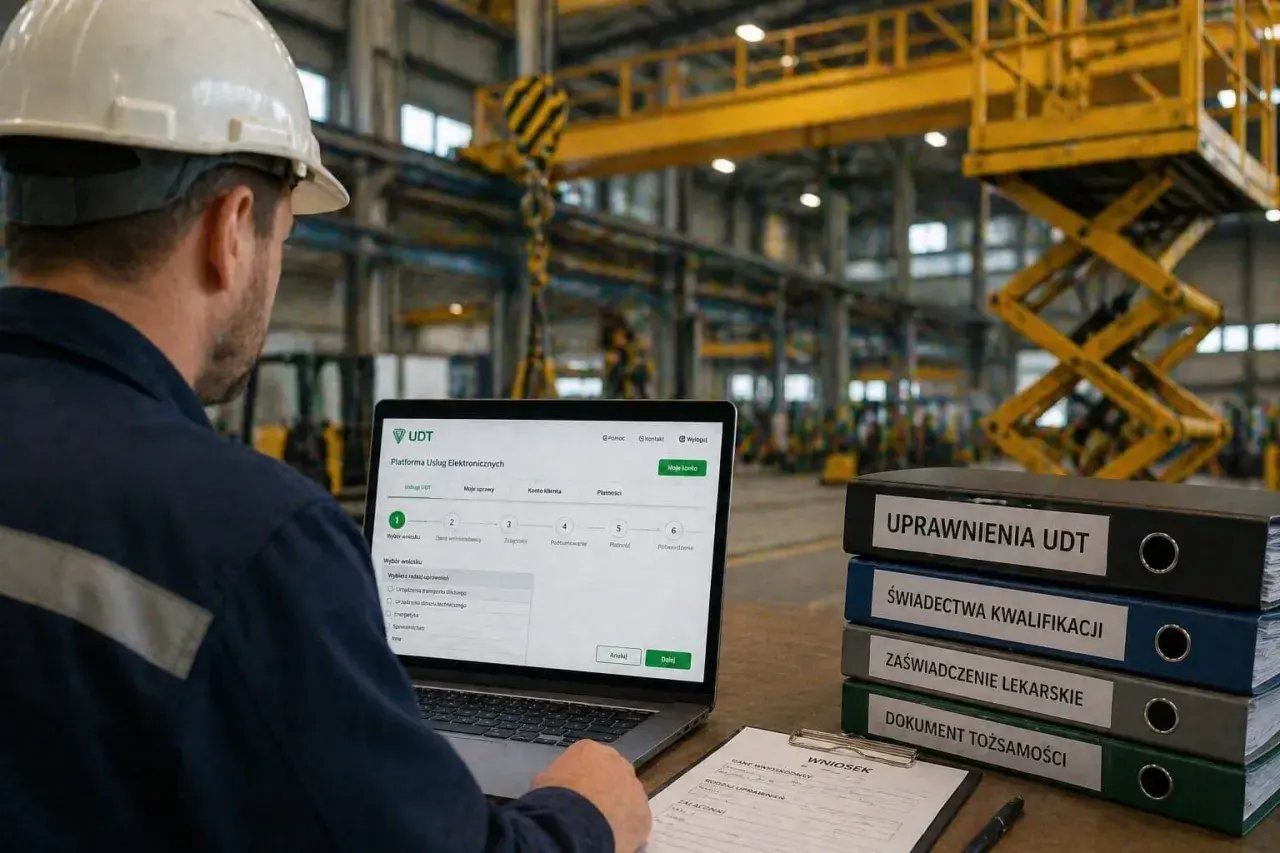 Pracownik w hali przemysłowej wypełnia wniosek online o przedłużenie uprawnień UDT. Obok stos dokumentów: "Uprawnienia UDT", "Świadectwa kwalifikacji".
