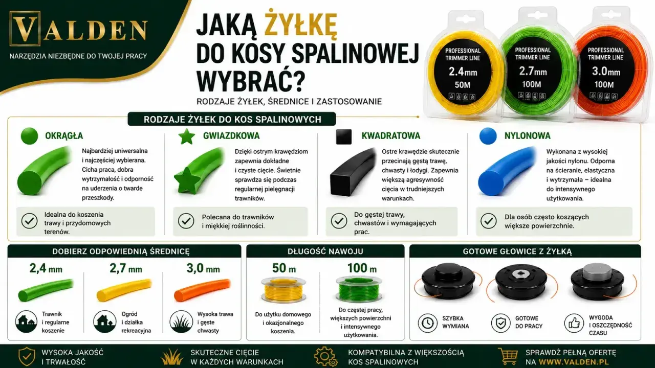 Poradnik: jaka żyłka do kosy spalinowej? Okrągła, gwiazdkowa, kwadratowa i nylonowa - wybierz najlepszą do swojego trawnika i potrzeb.