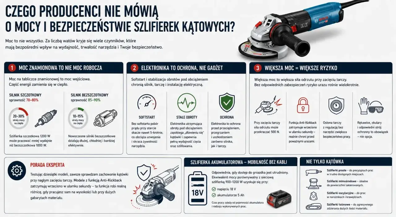 Budowa szlifierki kątowej: silniki, elektronika (softstart, stałe obroty, ochrona) i bezpieczeństwo (Anti-Kickback, osłona tarczy).