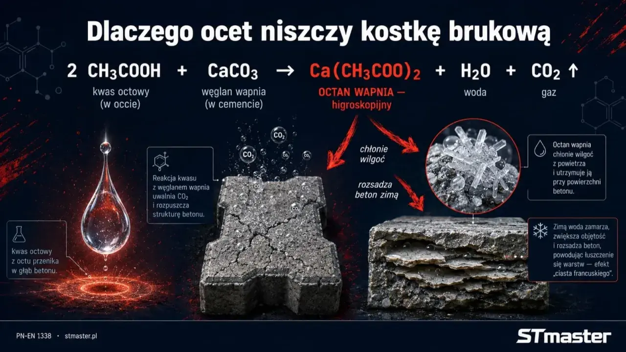 Czyszczenie kostki brukowej octem: kwas octowy reaguje z węglanem wapnia, uwalniając CO2 i rozpuszczając beton. Octan wapnia chłonie wilgoć, powodując zimą rozsadzanie.