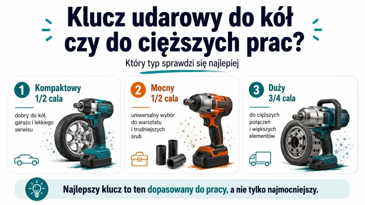 Porównanie kluczy udarowych: kompaktowy 1/2 cala do kół, mocny 1/2 cala do warsztatu, duży 3/4 cala do cięższych prac. Wybierz klucz udarowy elektryczny lub pneumatyczny dopasowany do zadania.