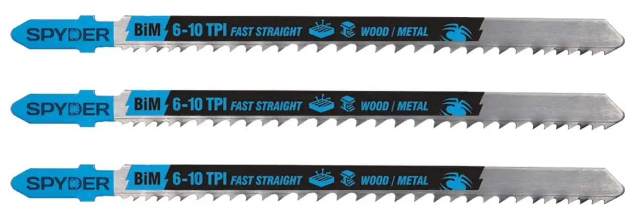 Trzy brzeszczoty do wyrzynarek SPYDER BiM 6-10 TPI FAST STRAIGHT do drewna i metalu.