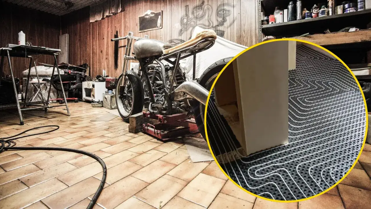 Warsztat z motocyklem i podłogowym ogrzewaniem. Idealne rozwiązanie, czym ogrzać garaż, by praca była przyjemnością.