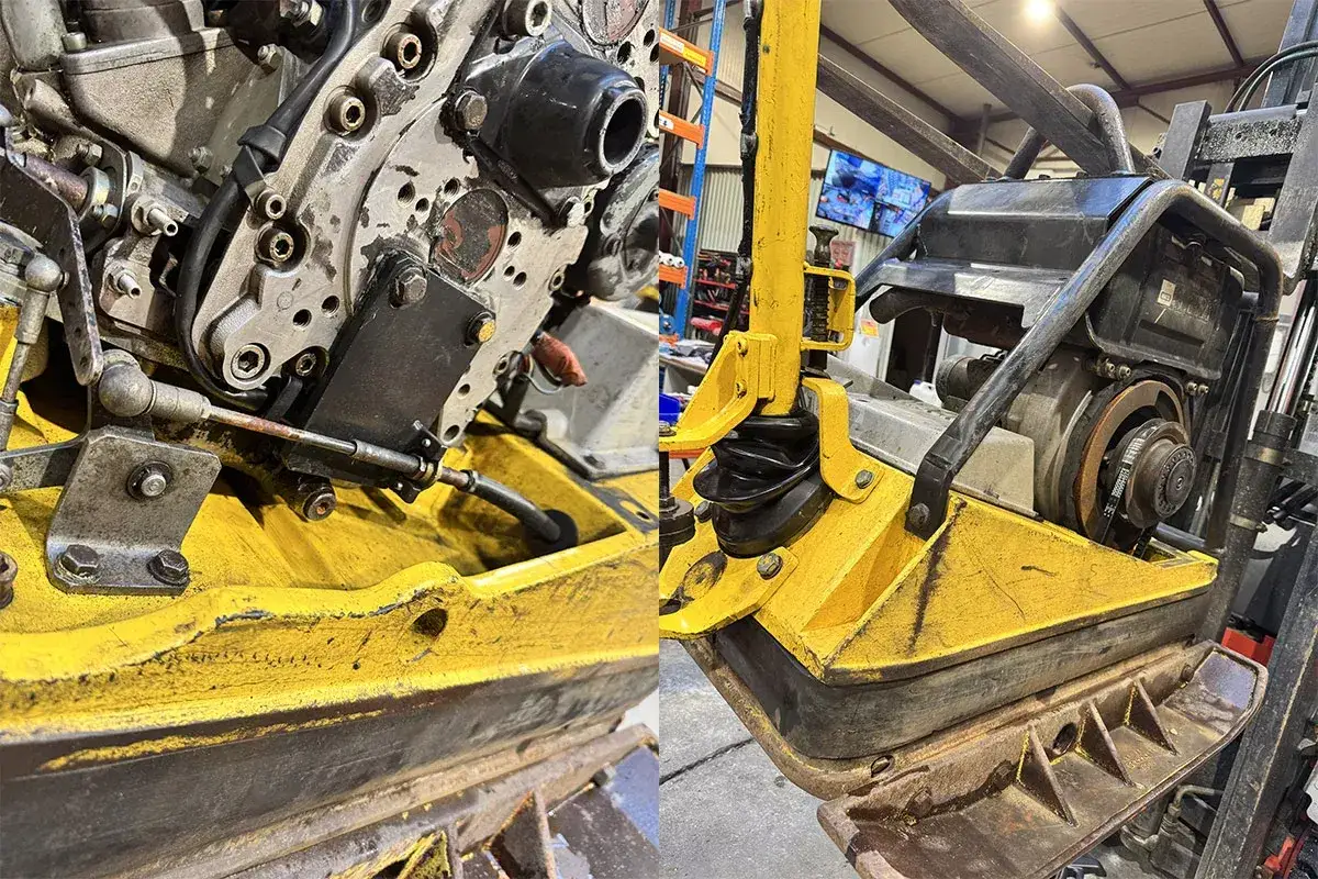 Silnik zagęszczarki nie chce odpalić. Widok na mechanizm i ż&oacute;łtą płytę roboczą.