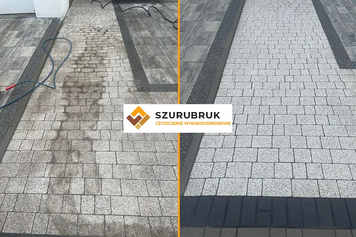 Efekt piaskowania kostki brukowej przed i po. Brudna nawierzchnia odzyskała dawny blask dzięki profesjonalnemu czyszczeniu.