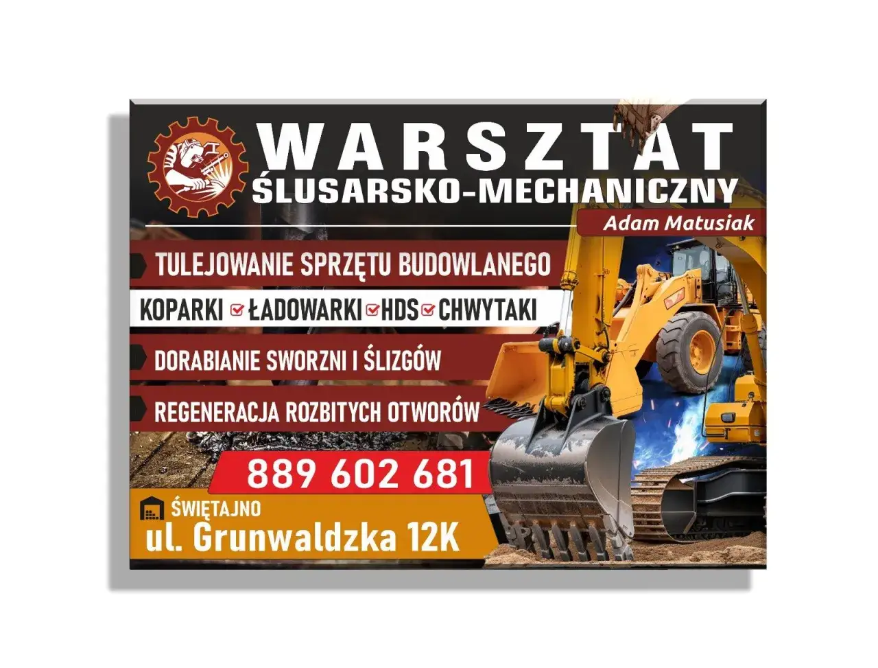 Warsztat ślusarsko-mechaniczny oferuje naprawę koparek, ładowarek i HDS. Dorabianie sworzni, regeneracja otworów. Tel. 889 602 681.