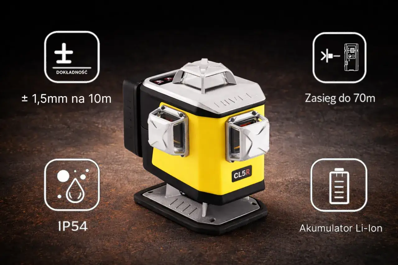 Żółty niwelator laserowy CL5R z dokładnością ±1,5mm na 10m, zasięgiem do 70m, IP54 i akumulatorem Li-Ion. Ten laser widoczny w dzień to idealne narzędzie budowlane.