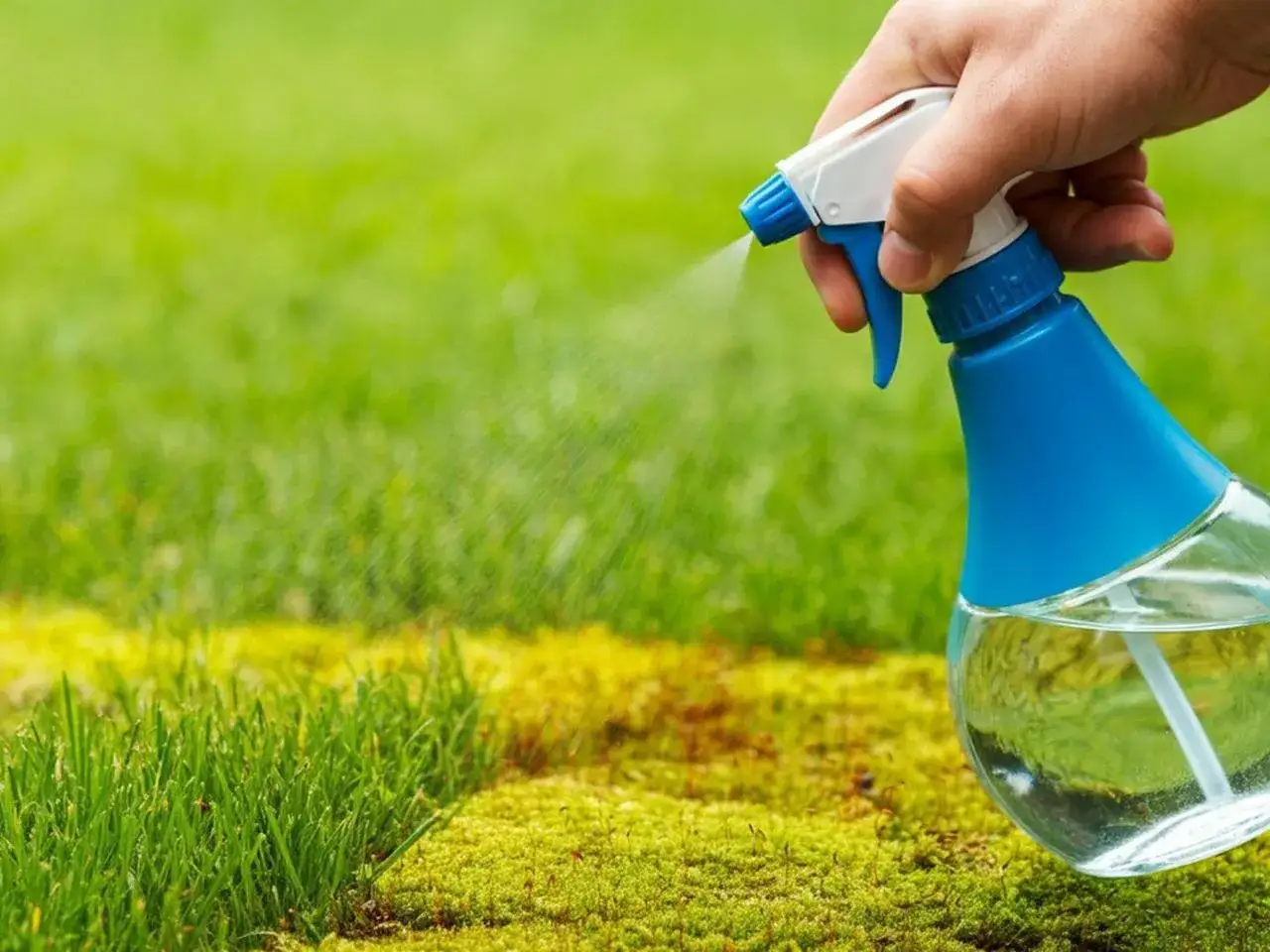 Ręka trzymająca spryskiwacz z wodą, która jest używana do zwalczania mchu na trawniku. Soda oczyszczona na mech to naturalny sposób na pozbycie się niechcianej roślinności.