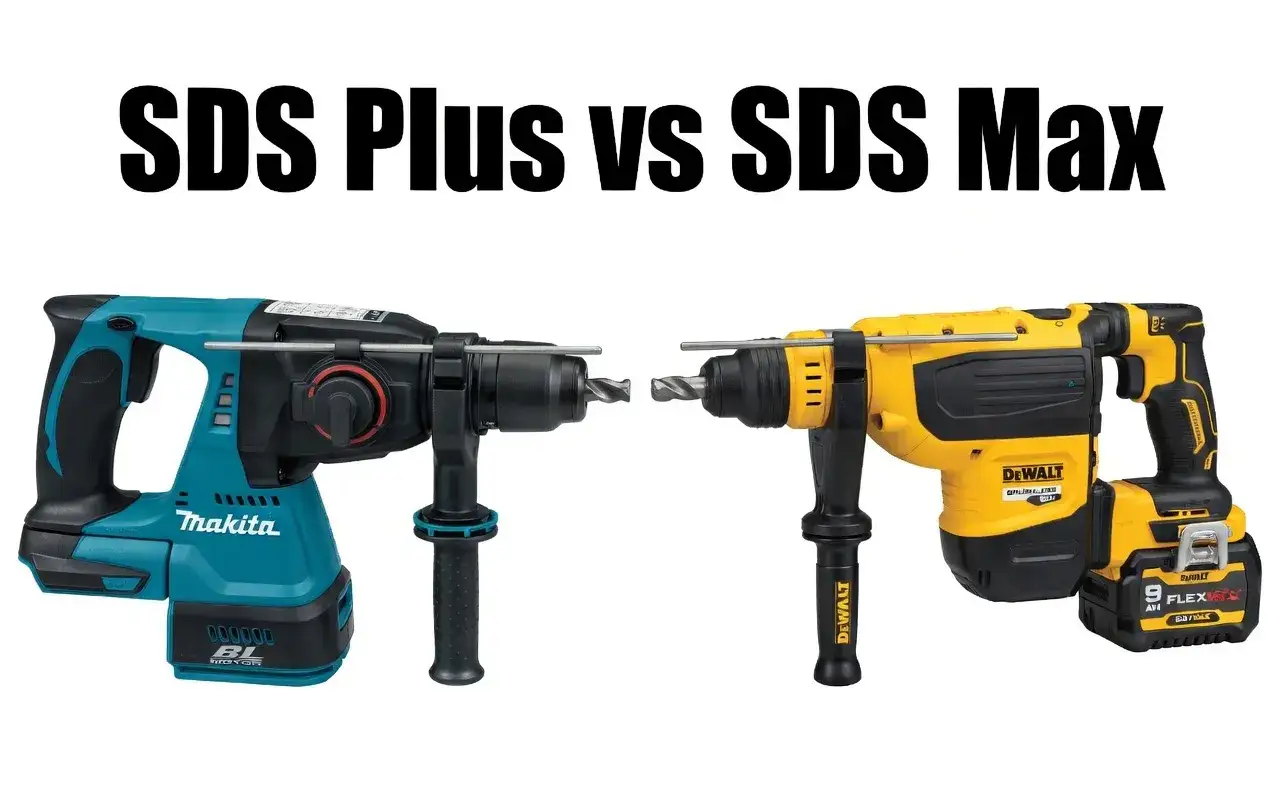 Porównanie wiertarek: niebieska Makita (SDS Plus) i żółta DeWalt (SDS Max). Dwa potężne narzędzia do ciężkich prac budowlanych.
