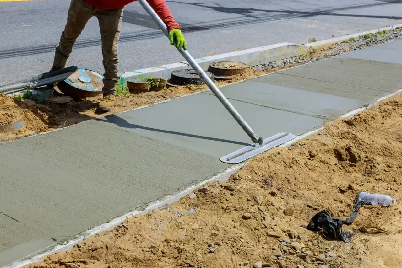 Robotnik wygładza świeży beton na chodniku. Czas, ile schnie beton B25, zależy od warunk&oacute;w.