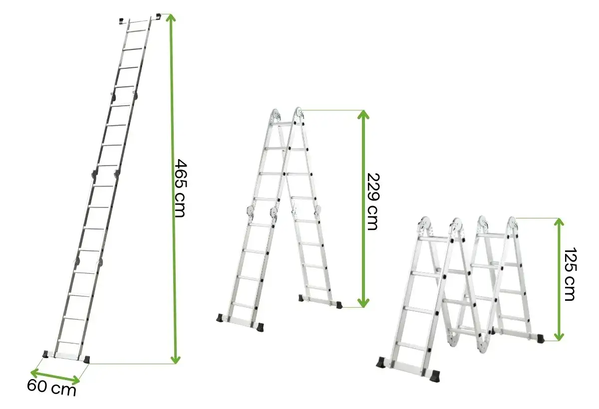 Wielofunkcyjna drabina aluminiowa w różnych konfiguracjach: rozłożona na 465 cm, jako drabina dwuramienna 229 cm i jako drabina wolnostojąca 125 cm.