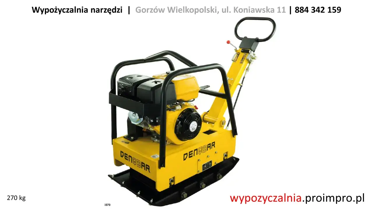 Żółta zagęszczarka płytowa. Czy na zagęszczarkę potrzebne są uprawnienia? Sprawdź w wypożyczalni narzędzi.